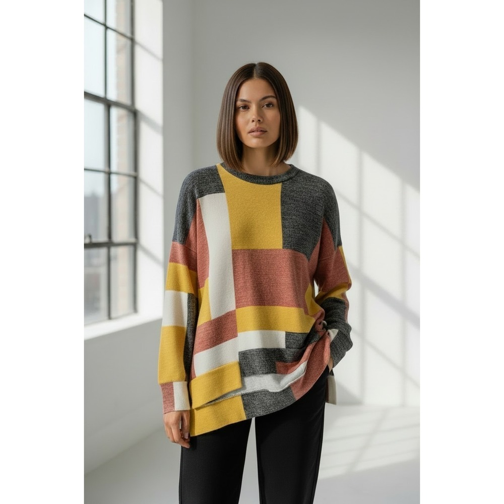 ODDI Women Colorblock Geometric Knit Top Yellow Grey‎ Rust Oversized S/M